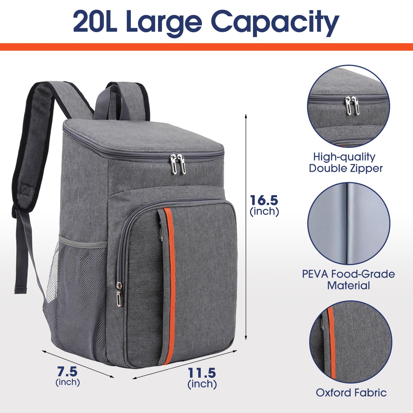 Qunler 30 Can Cooler Backpack, Soft Sided Cooler Bag, Insulated Leak Proof Waterproof Cooler Bag, Portable Lightweight Lunch Cooler Bag for Travel Beach Camping Office, Gray