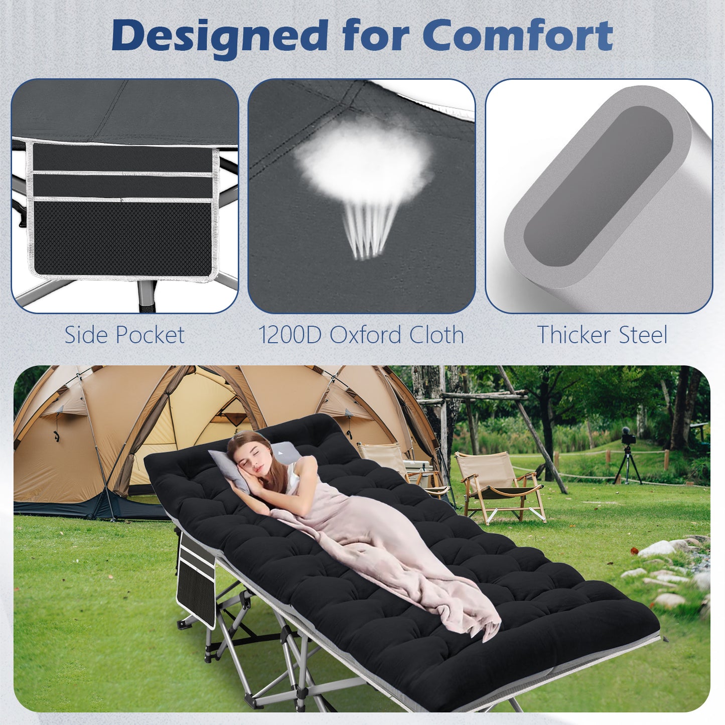 XXXL Folding Camping Cots for Adults, Oversized 83"* 32" Portable Guest Bed with 4 Inch Double-Sided Mattress, 800lbs Loading Sleeping Cot with Carry Bags for Hiking Home Office, Black
