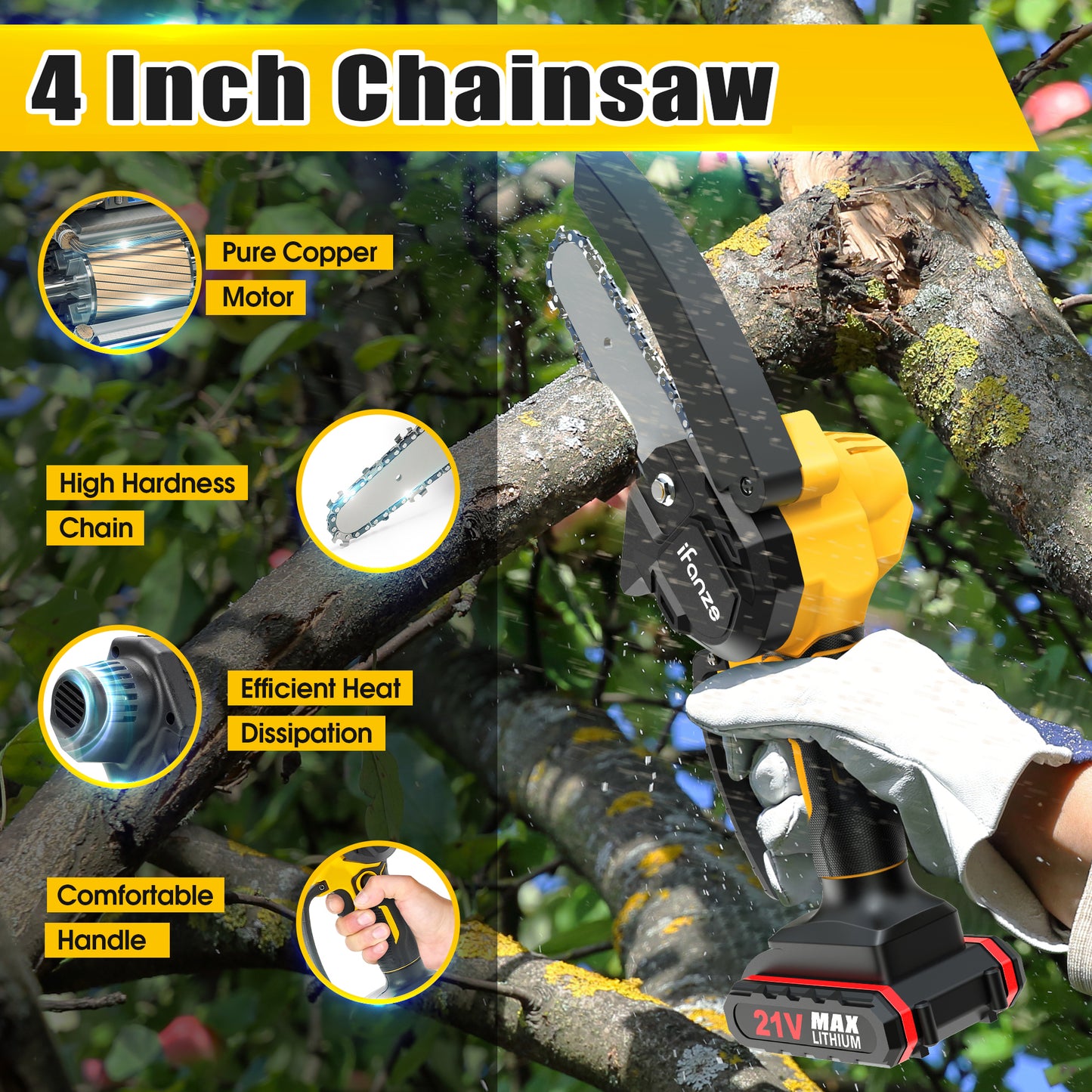4 inch Mini Chainsaw with 2 Battery, Portable Cordless Lightweight Handled Chain Saws for Wood Cutting Tree Trimming - Black