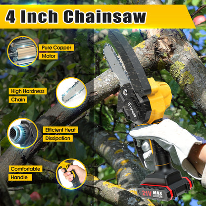 4 inch Mini Chainsaw with 2 Battery, Portable Cordless Lightweight Handled Chain Saws for Wood Cutting Tree Trimming - Black