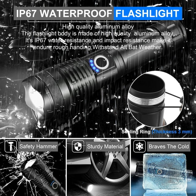 90000 Lumens Powerful Flashlight, USB Rechargeable Waterproof XHP70 Searchlight Super Bright 5 Modes LED Flashlight Zoom Bar Torch for Hiking Hunting Camping Outdoor Sport (Battery Included)