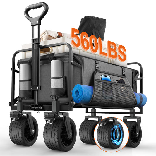 560lbs Large Collapsible Garden Cart with Brakes, Qunler Folding Utility Wagon with Big Wheels and Side Pocket for Camping, Grocery, Gray