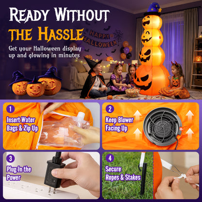 8 ft Halloween Pumpkin Stack Inflatable Decoration with Witch Hat, Lighted Blow up Yard Decor for Outdoor Lawn Garden