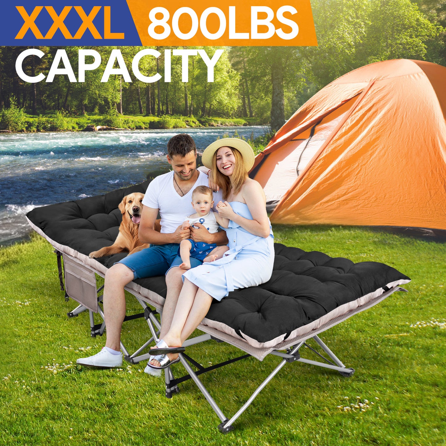 XXXL Folding Camping Cots for Adults, Oversized 83"* 32" Portable Guest Bed with 4 Inch Double-Sided Mattress, 800lbs Loading Sleeping Cot with Carry Bags for Hiking Home Office, Black