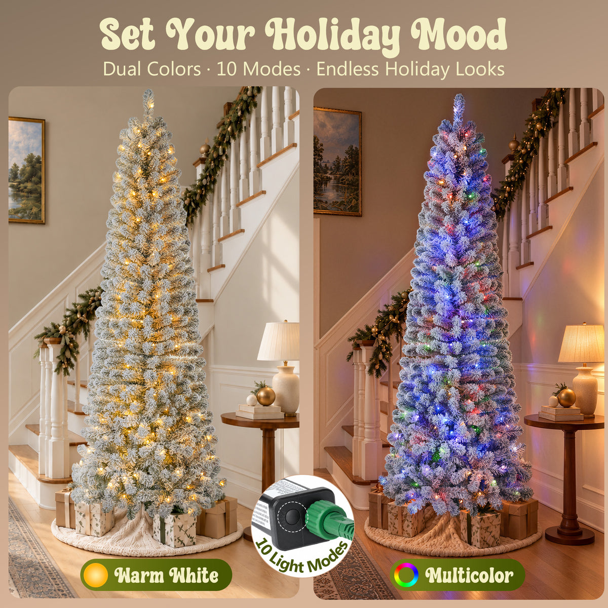 7ft Pre-Lit Snow Flocked Pencil Christmas Tree Hinged Slim Skinny Corner Xmas Tree with 300 Warm & Multicolor Lights & 640 Snow Branch Tips