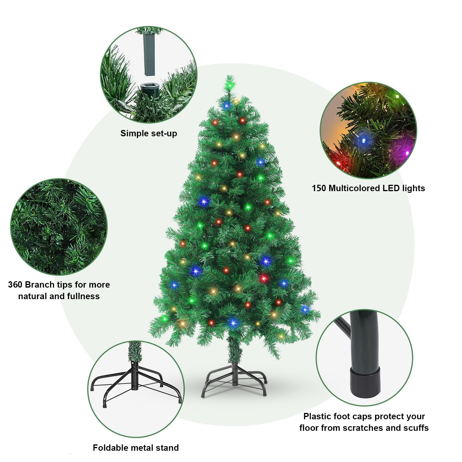 iFanze Pre-Lit Christmas Tree, 4ft Artificial Green Xmas Tree with Multi-colored 150 LED Lights & Metal Stand, 360 Lifelike Branch Tips