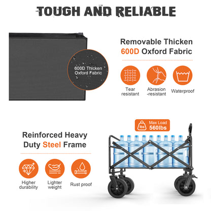 560lbs Large Collapsible Garden Cart with Brakes, Qunler Folding Utility Wagon with Big Wheels and Side Pocket for Camping, Grocery, Gray