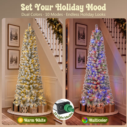 6ft Pre-Lit Snow Flocked Pencil Christmas Tree, Artificial Slim Xmas Tree with Warm White & 10 Modes Multicolor Lights for Holiday Decor
