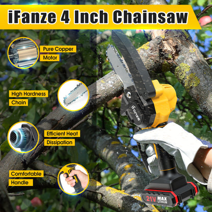 4 inch Mini Chainsaw with 2 Battery, Portable Cordless Lightweight Handled Chain Saws, Logging Saw for Wood Cutting Tree Trimming - Black