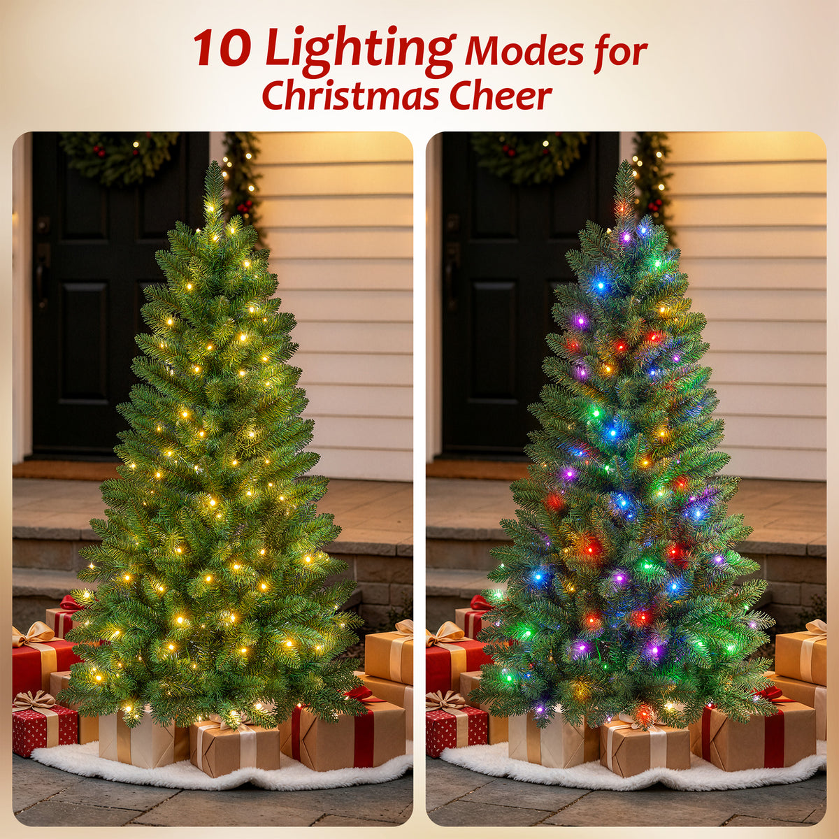 Pre-Lit Christmas Tree, 4ft Artificial Green Christmas Tree with 150 Warm White & Multicolor 10 Modes LED Lights, 360 Lifelike Branch Tips, Metal Stand