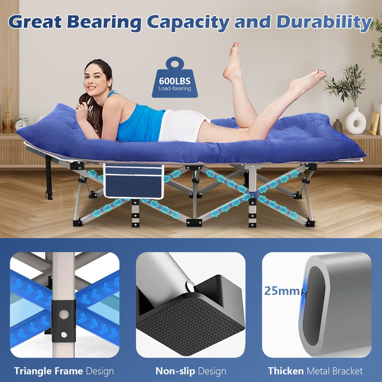Qunler Folding Camping Cot for Adults, 75"* 28" Portable Guest Bed with 4 Inch Double-Sided Velvet Mattress, 600lbs Loading Sleeping Cot with Carry Bags for Hiking Home Office and Vacation, Blue