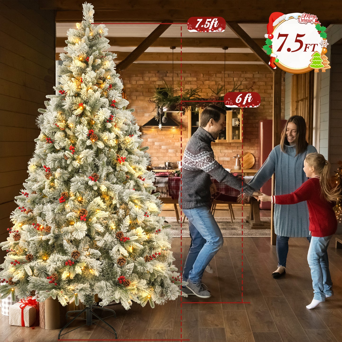 Qunler Pre-Lit Snow Flocked Christmas Tree, 7.5ft Artificial Snowy Pine Tree with 8 LED Light Modes & Sturdy Metal Base, Ideal for Home Office Party Xmas Holiday Decorations