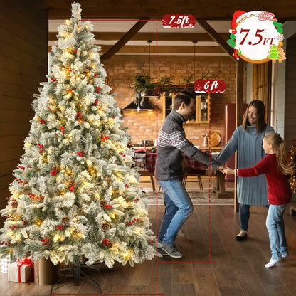 Qunler Pre-Lit Snow Flocked Christmas Tree, 7.5ft Artificial Snowy Pine Tree with 8 LED Light Modes & Sturdy Metal Base, Ideal for Home Office Party Xmas Holiday Decorations
