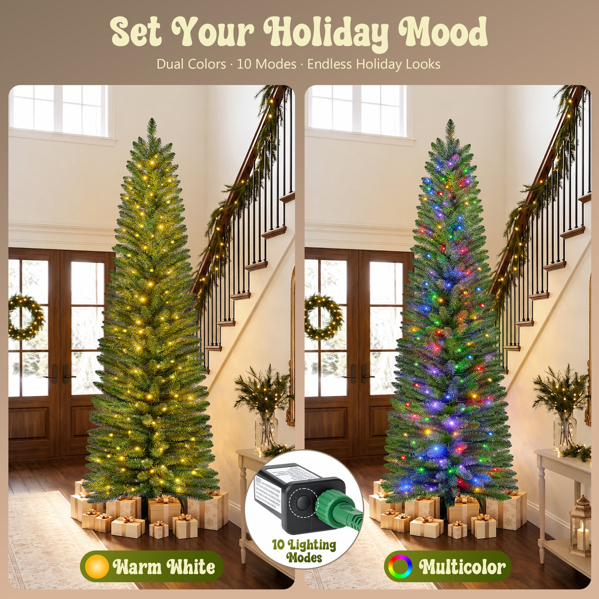 7ft Pre-Lit Pencil Christmas Tree, 663 Tip Artificial Xmas Tree with 250 Dual-Color LEDs, 10 Lighting Modes, Metal Stand, Green