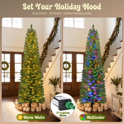 7ft Pre-Lit Pencil Christmas Tree, 663 Tip Artificial Xmas Tree with 250 Dual-Color LEDs, 10 Lighting Modes, Metal Stand, Green