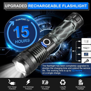 90000 Lumens Powerful Flashlight, USB Rechargeable Waterproof XHP70 Searchlight Super Bright 5 Modes LED Flashlight Zoom Bar Torch for Hiking Hunting Camping Outdoor Sport (Battery Included)