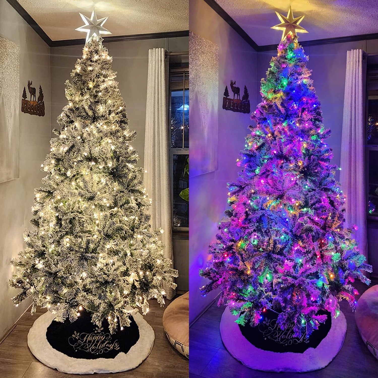 7ft Pre-Lit Snow Flocked Christmas Tree, Artificial Christmas Tree Holiday Decorations Indoor, Hinged Design, Warm White & Multicolor Lights
