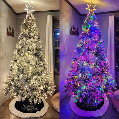 7ft Pre-Lit Snow Flocked Christmas Tree, Artificial Christmas Tree Holiday Decorations Indoor, Hinged Design, Warm White & Multicolor Lights