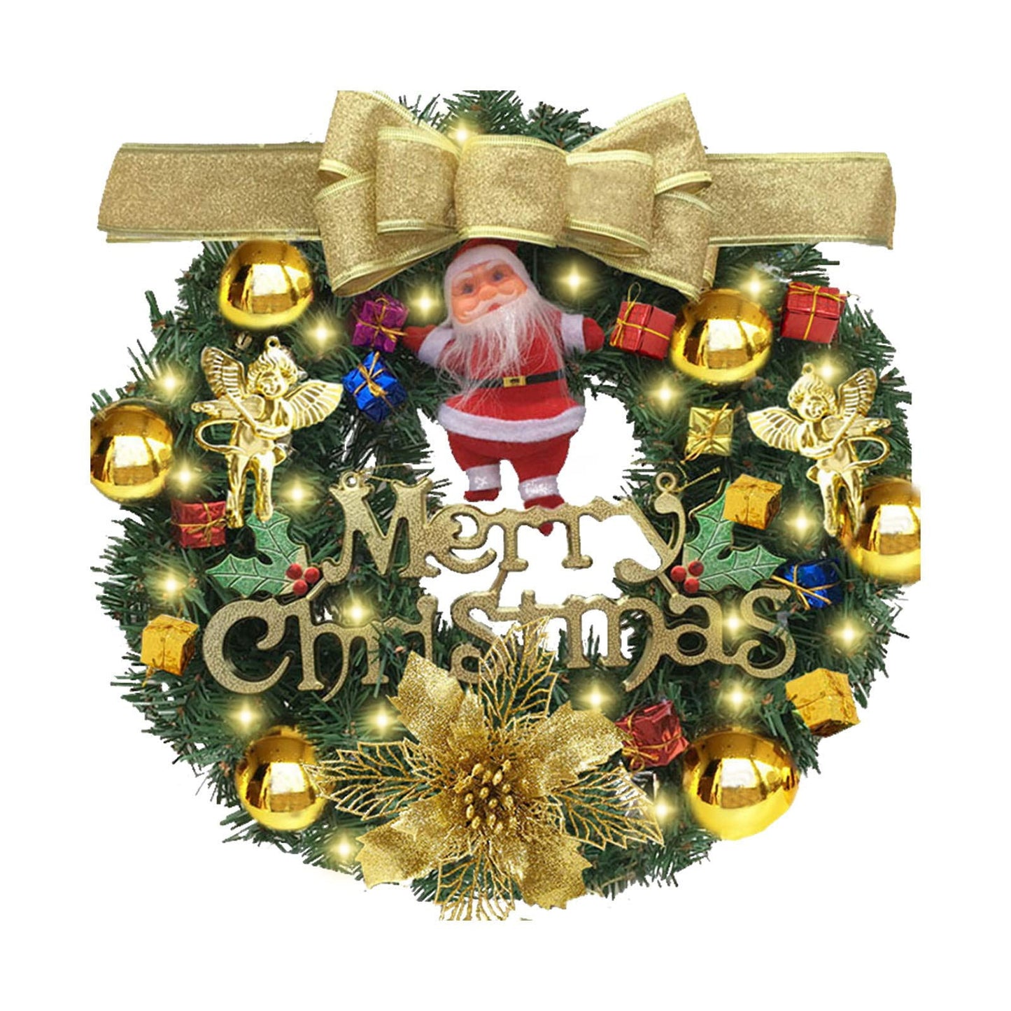 Melliful 24" Pre-Lit Christmas Wreaths ,Outdoor Lighted Christmas Wreath for Front Door ,Christmas Gold Bow Ball Santa Claus Wreath, Xmas Wreath Decor for Window Fireplace Indoor ,Green