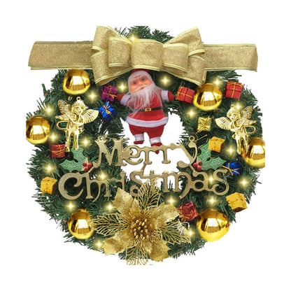 Melliful 24" Pre-Lit Christmas Wreaths ,Outdoor Lighted Christmas Wreath for Front Door ,Christmas Gold Bow Ball Santa Claus Wreath, Xmas Wreath Decor for Window Fireplace Indoor ,Green