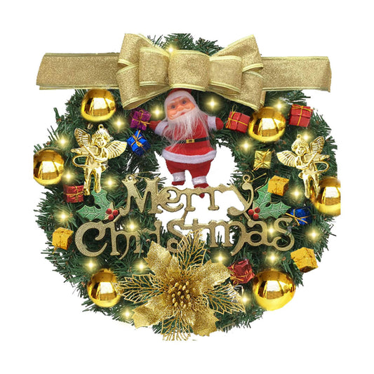 Melliful 24" Pre-Lit Christmas Wreaths ,Outdoor Lighted Christmas Wreath for Front Door ,Christmas Gold Bow Ball Santa Claus Wreath, Xmas Wreath Decor for Window Fireplace Indoor ,Green
