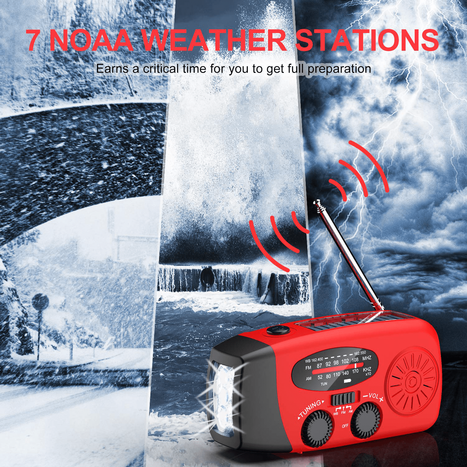 NOAA Weather Radio, posrue AM FM WB Hand Crank Emergency Radio, 2000mAh Rechargeable Power Bank for Phone Charger Portable Solar Radio, Weather Alert, Flashlight for Emergency