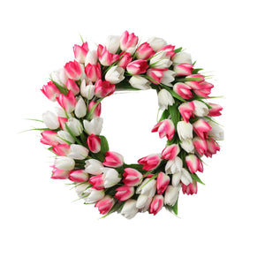 Melliful 16" Christmas Tulip Wreath, Valentine's Day Artificial Tulip Wreath Decoration for Front Door Holiday Christmas Wedding Party, Pink and White