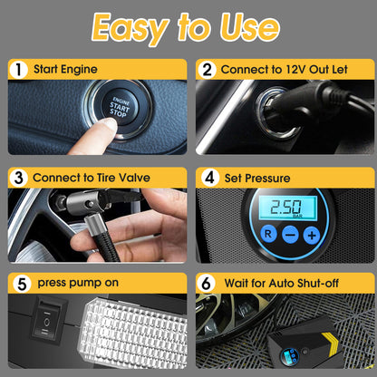 Tire Inflator, Portable Air Compressor for Car, Auto Air Pump with LED Light 12V DC, 150PSI Tire Pump Electric Air Pump for Car, Bicycle, Motorcycle,Bikes,Balls,Balloons, Black