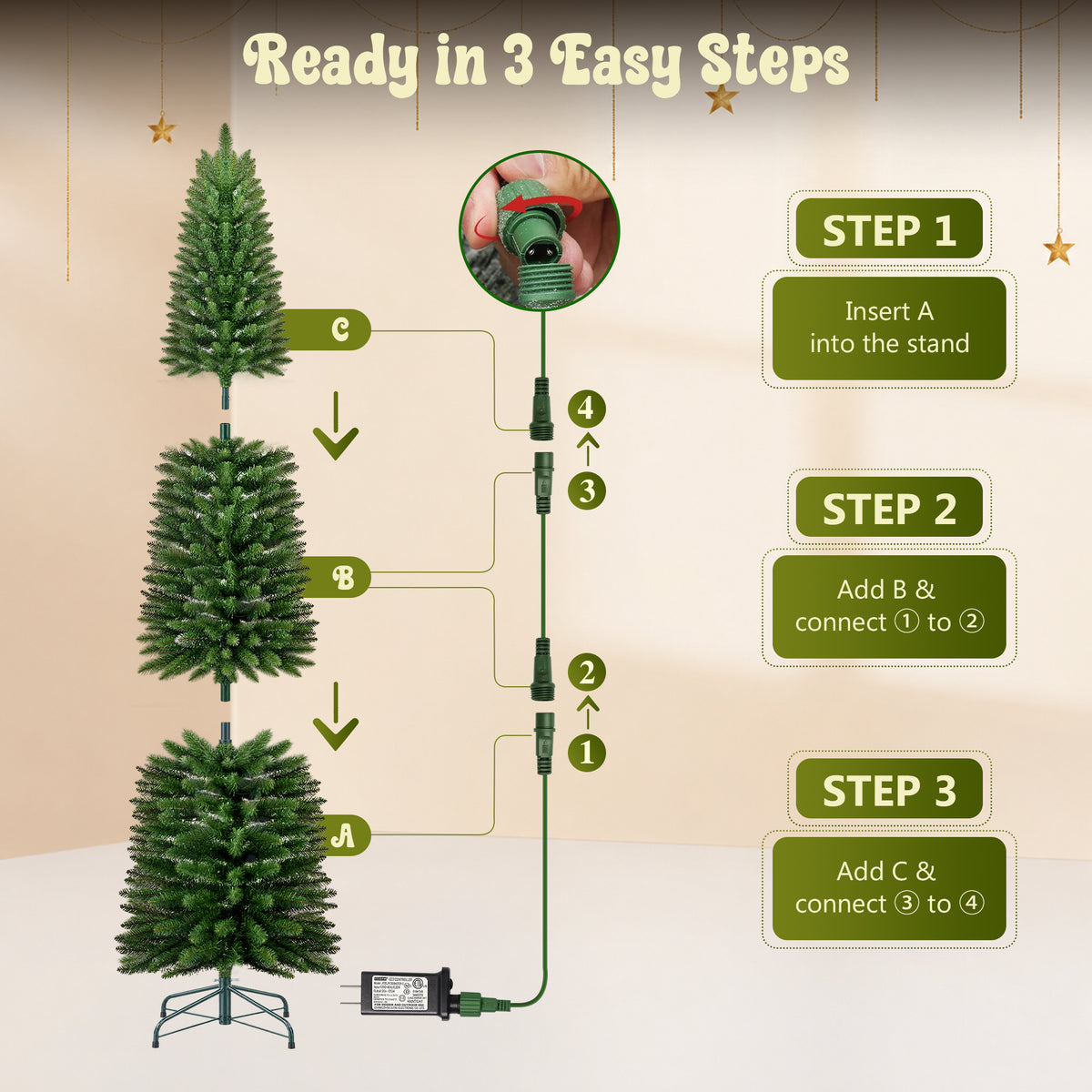 7ft Pre-Lit Pencil Christmas Tree, 663 Tip Artificial Xmas Tree with 250 Dual-Color LEDs, 10 Lighting Modes, Metal Stand, Green