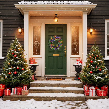 24" Pre-Lit Christmas Wreaths, Outdoor Lighted Christmas Wreath for Front Door, Christmas Red Berries, Pine Cones Wreath, Xmas Wreath Decor for Window Fireplace Indoor, Green