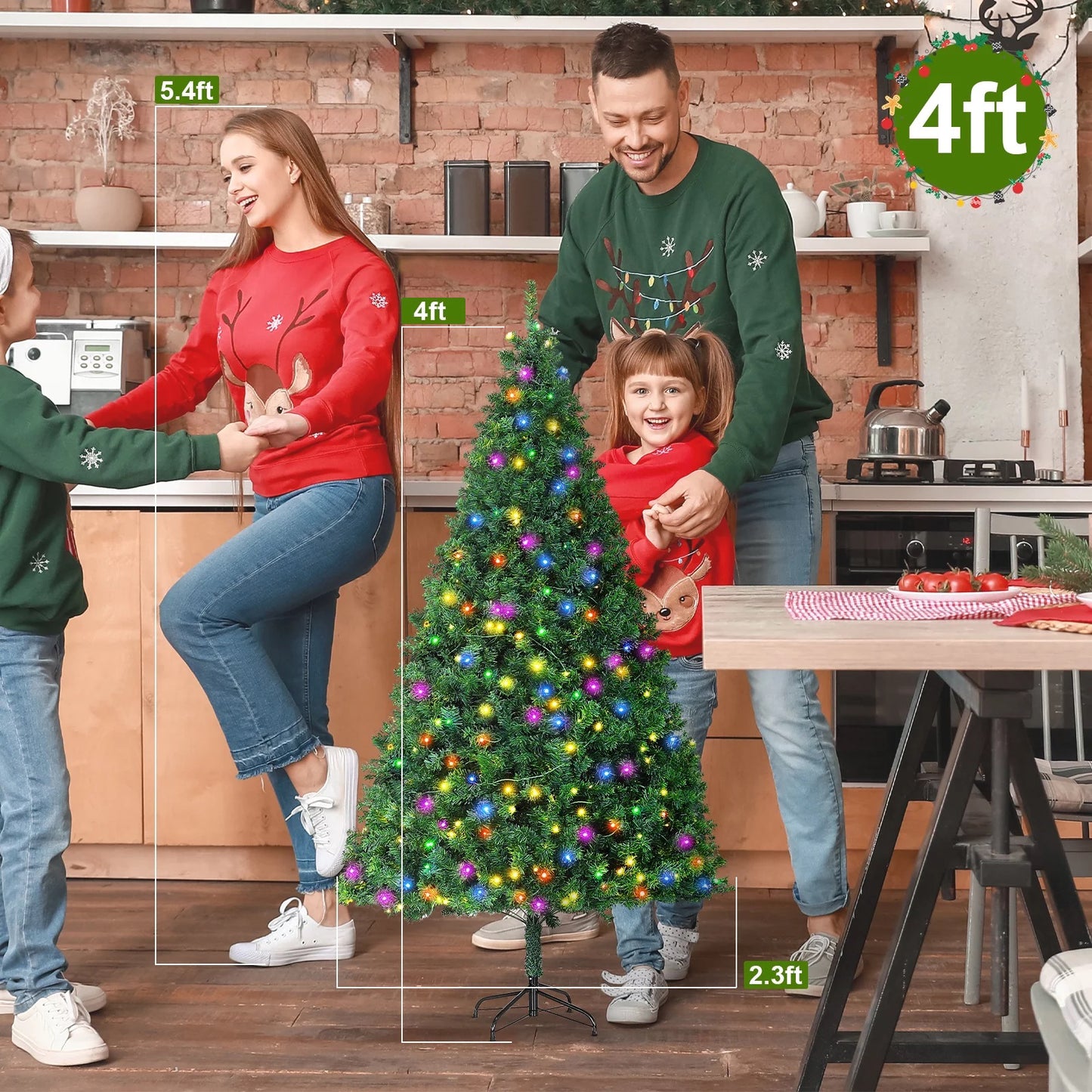 Qunler Pre-Lit Christmas Tree, 4ft Artificial Green Xmas Tree with Multi-colored 150 LED Lights & Metal Stand, 360 Lifelike Branch Tips