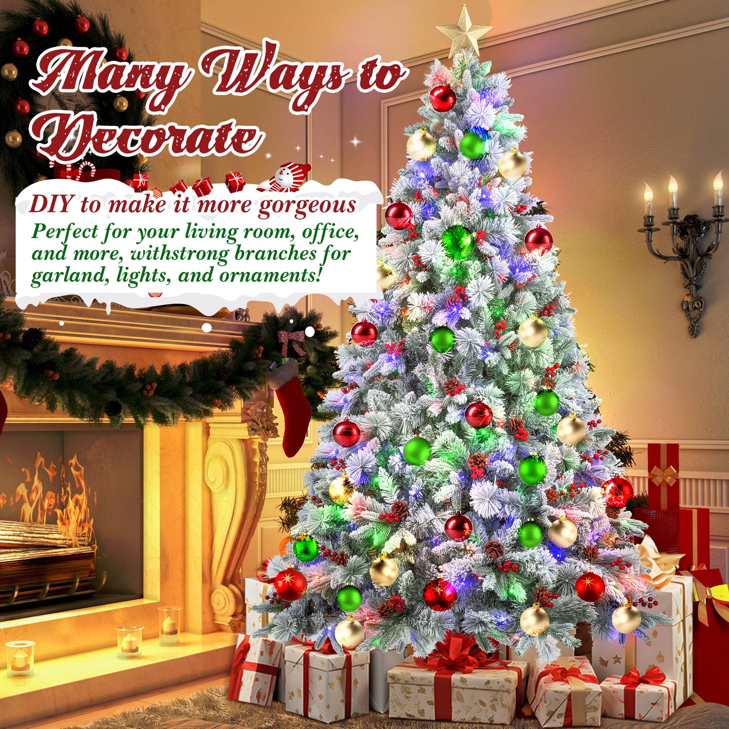 Qunler Pre-Lit Snow Flocked Christmas Tree, 7.5ft Artificial Snowy Pine Tree with 8 LED Light Modes & Sturdy Metal Base, Ideal for Home Office Party Xmas Holiday Decorations