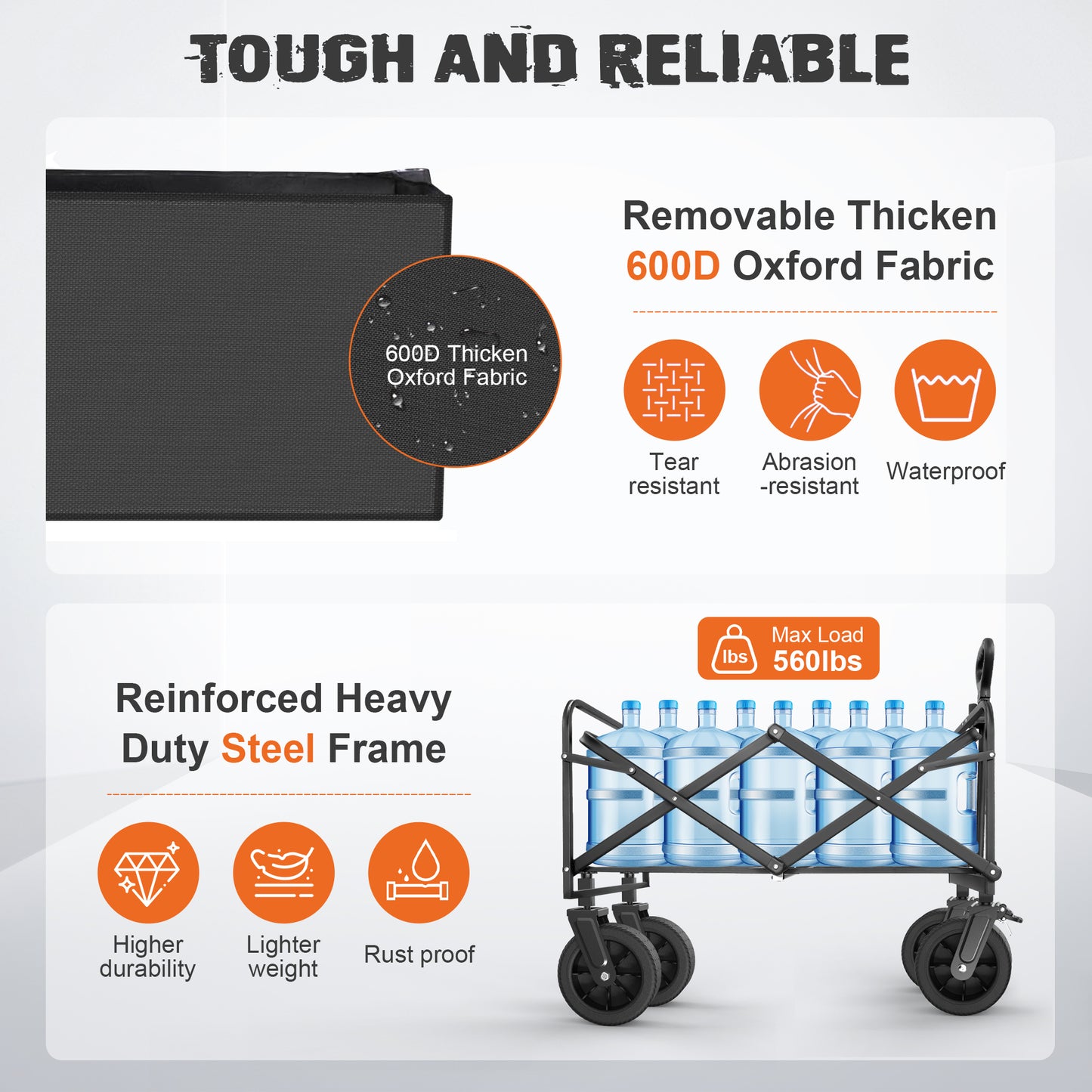 Qunler Large Collapsible Folding Wagon, 560 lbs Heavy Duty Big Bucket Utility Garden Cart with Oversized Tank Wheels for Sports, Shopping, Camping Kids, Black