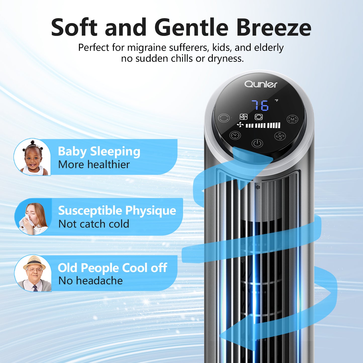 Qunler Tower Fan with Remote, 40" Bladeless Fan for Home, 70° Oscillation, 3 Speeds, 2 Modes, 15H Timer Quiet AC Motor Floor Fan for Bedroom, Office, Gray