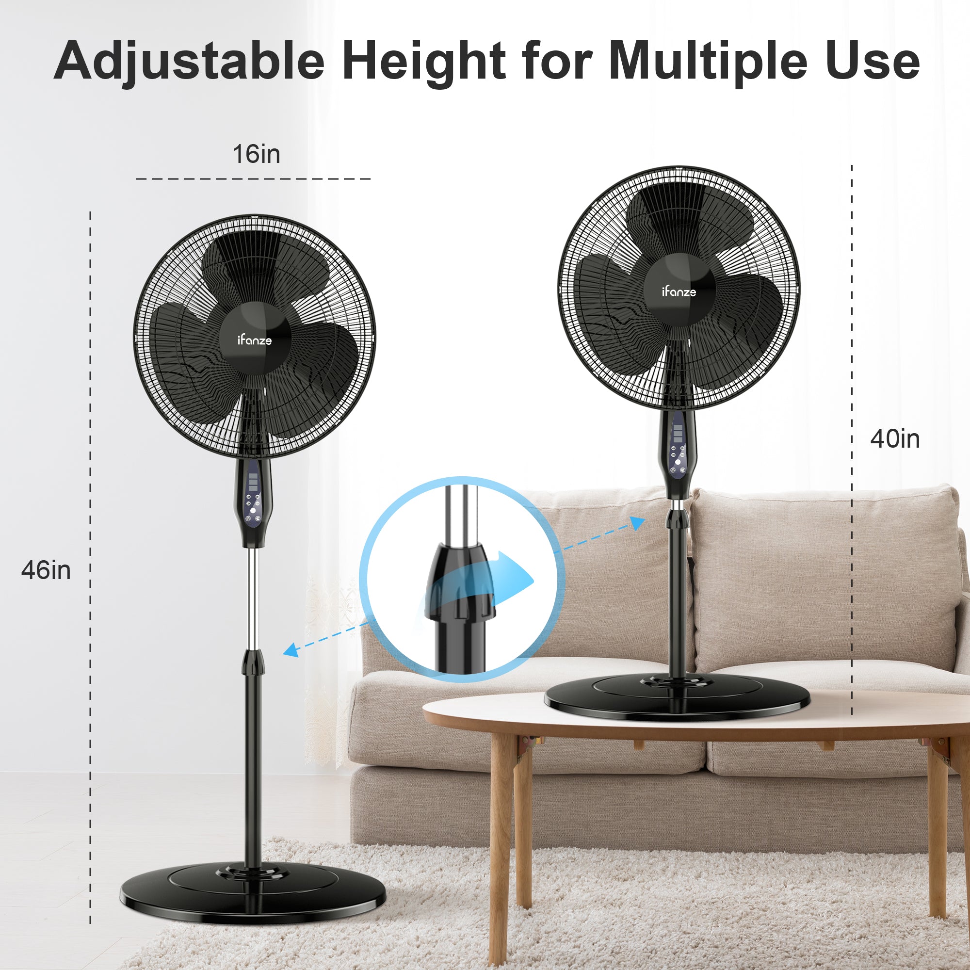 16'' Pedestal Oscillating Fan with Remote Control, Stand Up Fan Adjust ...