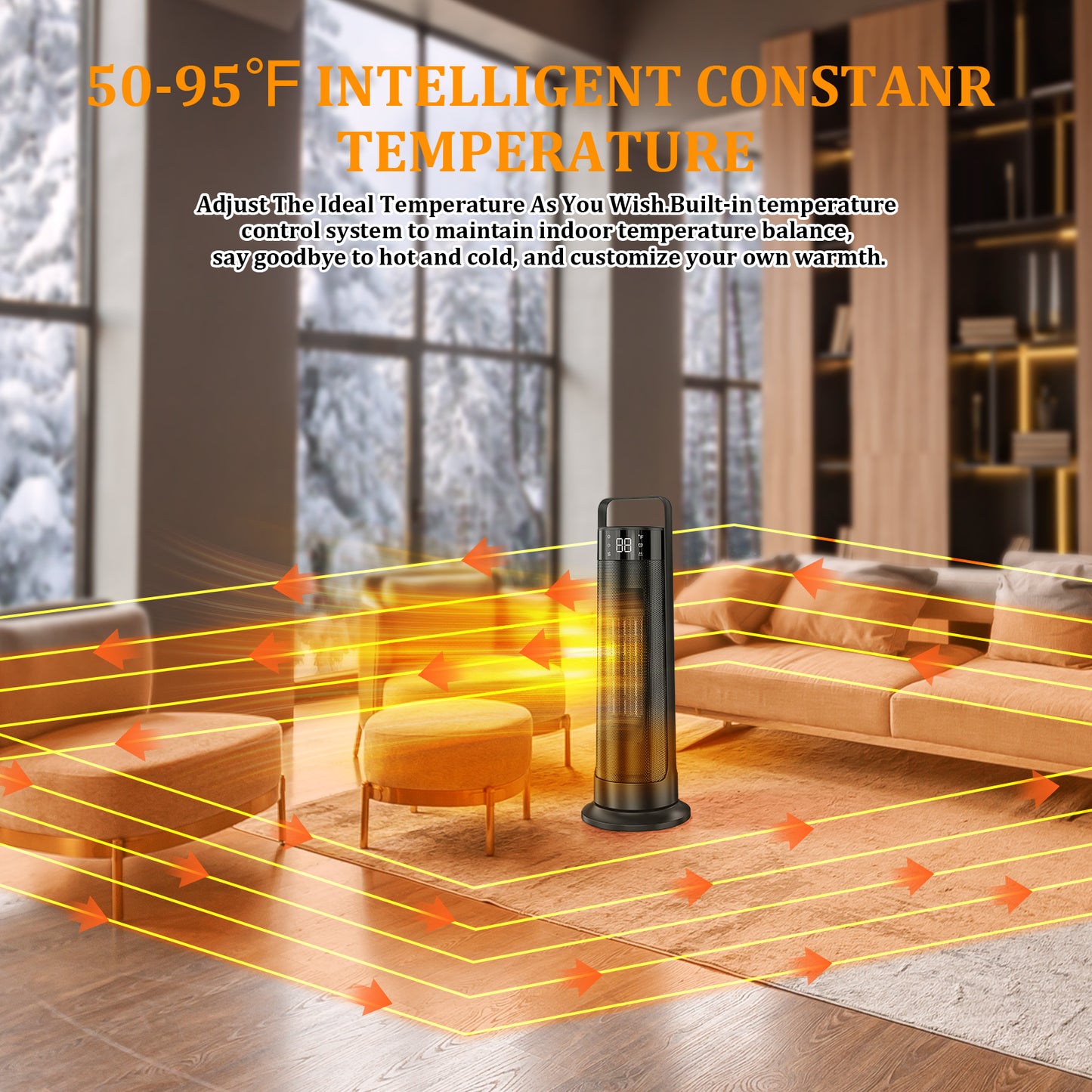 21" Space Heaters for Indoor Use, 1500W Fast Heating 50° Oscillating Portable Electric PTC Ceramic Heater, with Thermostat, Overheat Protection, 12H Timer, 3 Modes, Black