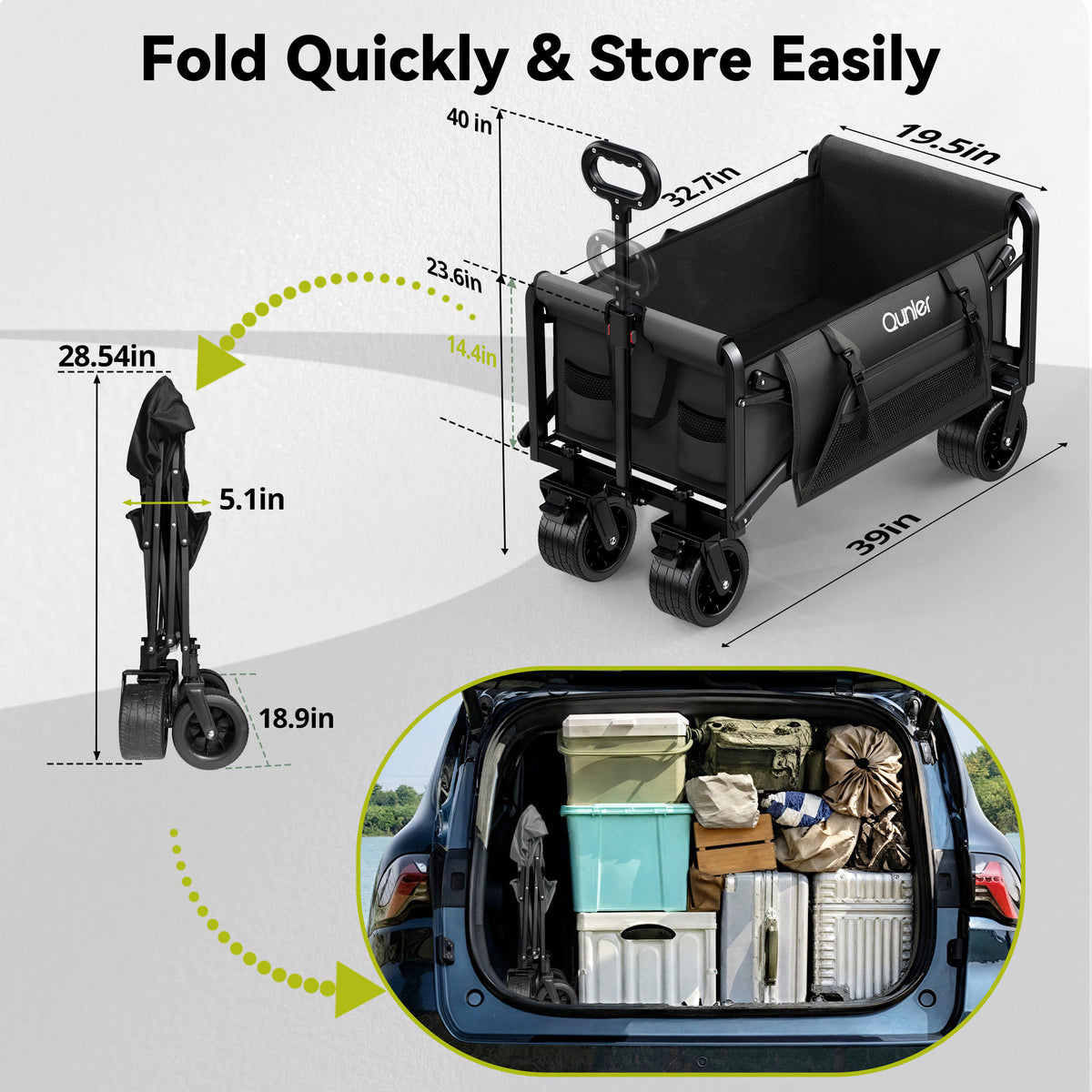 Qunler 560lbs Large Collapsible Folding Wagon with Oversized Tank Wheels, Heavy Duty Big Bucket Utility Garden Cart with Side Pocket for Sports, Shopping, Camping, Kids, Black