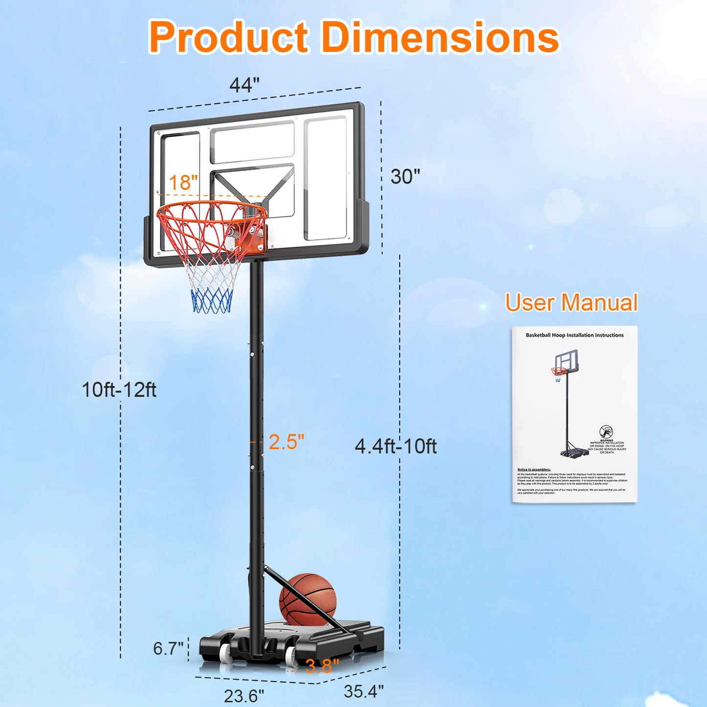 Qunler 44" Portable Basketball Hoop System, 4.4-10 ft Height Adjustable Basketball Goal System with Wheels and Shatterproof Backboard and Large Base for Adults Kids Outdoor Indoor Court