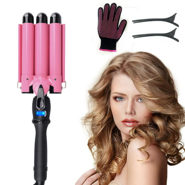 3 Barrel Curling Iron Wand with LCD Temp Display, 28mm Hair Waver Iron, Pink