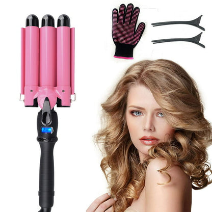 3 Barrel Curling Iron Wand with LCD Temp Display, 28mm Hair Waver Iron, Pink