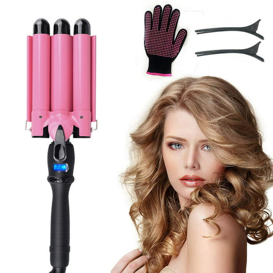 3 Barrel Curling Iron Wand with LCD Temp Display, 28mm Hair Waver Iron, Pink