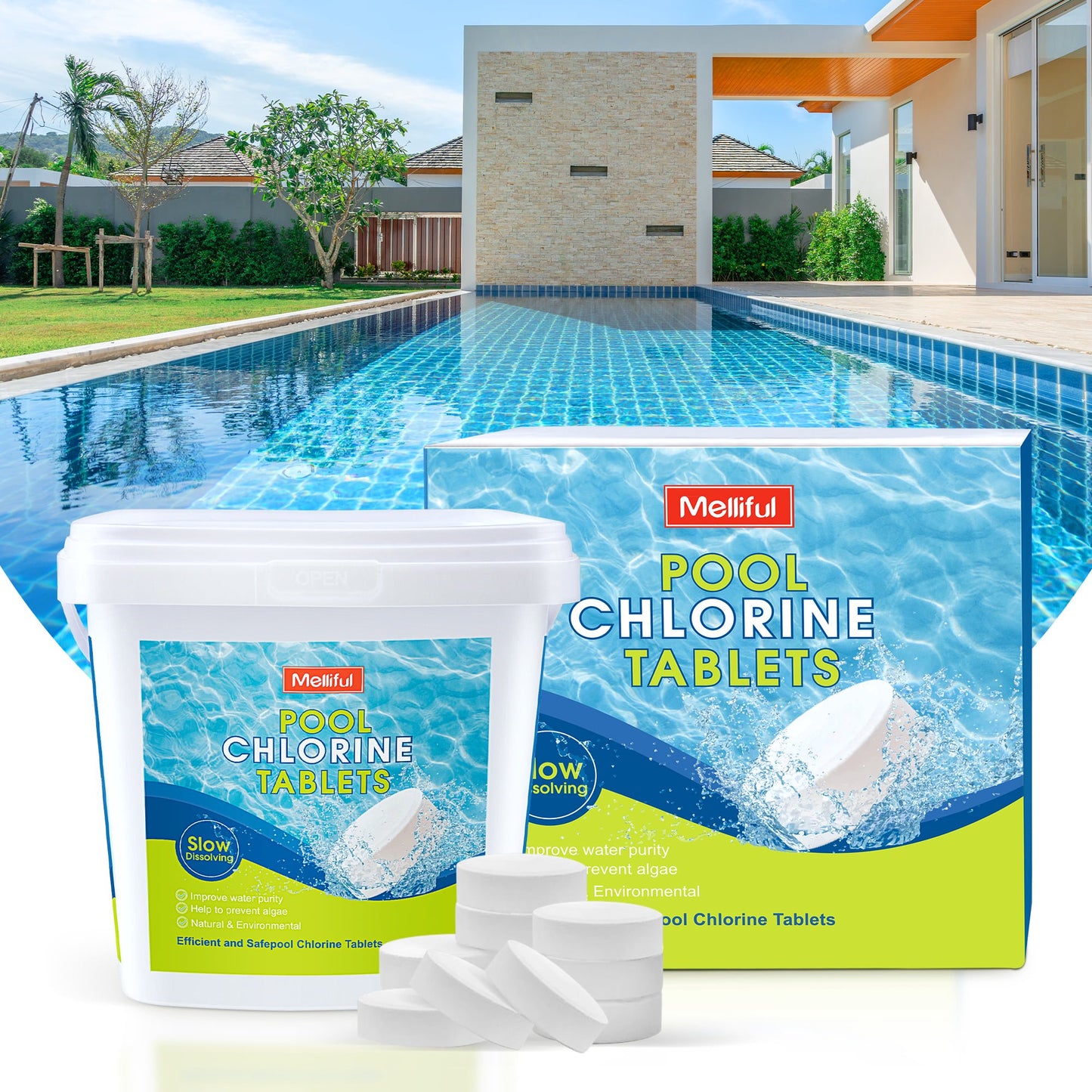 Melliful 1" Chlorine Tablets for Swimming Pools, Long Lasting Chlorine Stabilizer for Swimming Pools Hot Tubs and Spas, 1lb