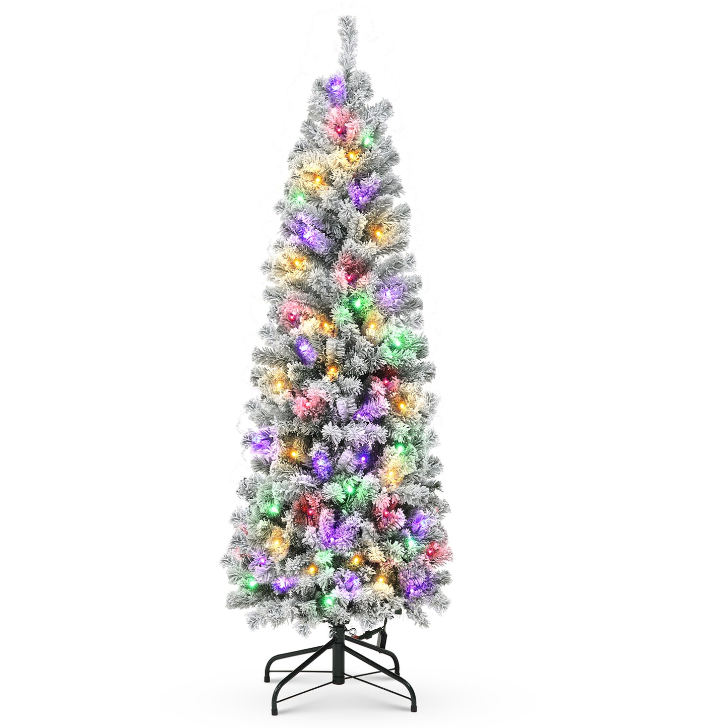 Qunler 6ft Prelit Artificial Floacked Pencil Christmas Tree with 200 Warm White & Multicolor Lights for Indoor Outdoor Christmas Holiday Decor