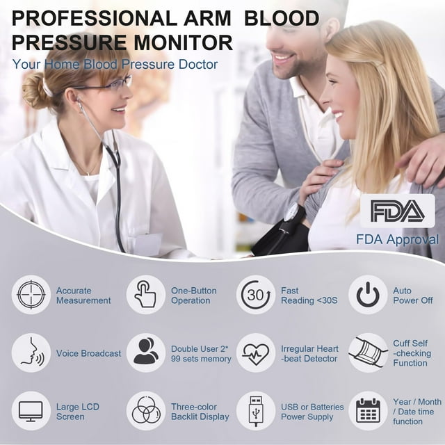 Upper Arm Blood Pressure Monitor, Electric Automatic Sphygmomanometer Pulsometer PR Tonometer with Adjustable Cuff, Voice Digital LED Display, FDA Approved, for Home Travel Use