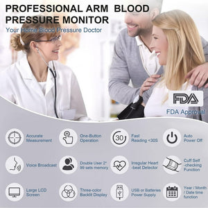 Upper Arm Blood Pressure Monitor, Electric Automatic Sphygmomanometer Pulsometer PR Tonometer with Adjustable Cuff, Voice Digital LED Display, FDA Approved, for Home Travel Use