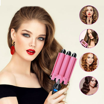 3 Barrel Curling Iron Wand with LCD Temp Display, 28mm Hair Waver Iron, Pink