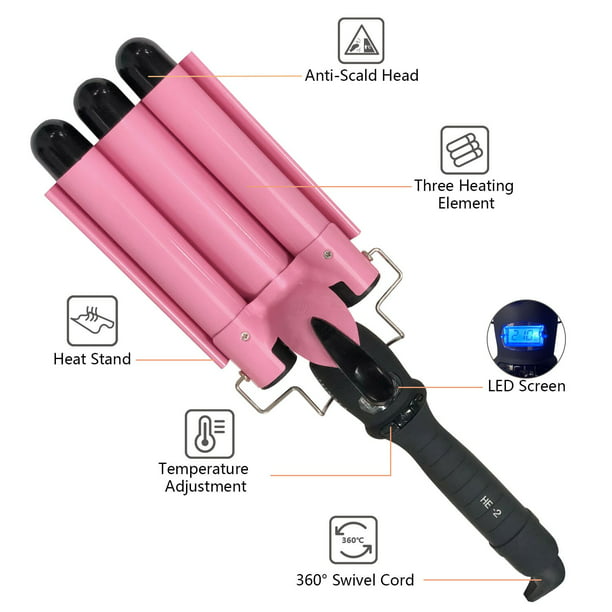 3 Barrel Curling Iron Wand with LCD Temp Display, 28mm Hair Waver Iron, Pink