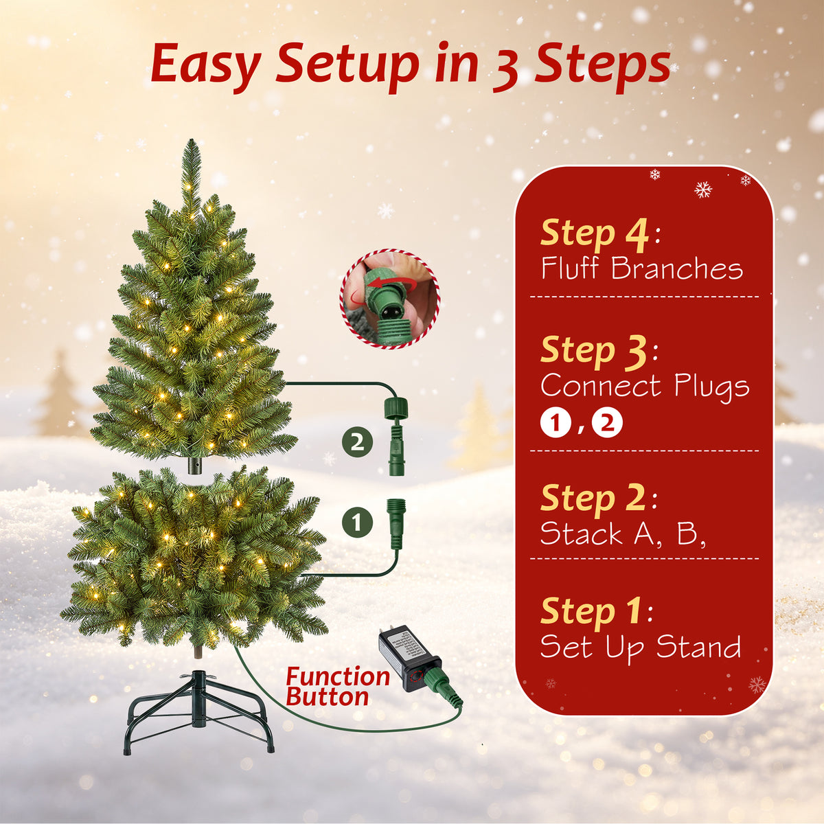 Pre-Lit Christmas Tree, 4ft Artificial Green Christmas Tree with 150 Warm White & Multicolor 10 Modes LED Lights, 360 Lifelike Branch Tips, Metal Stand