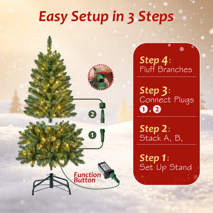Pre-Lit Christmas Tree, 4ft Artificial Green Christmas Tree with 150 Warm White & Multicolor 10 Modes LED Lights, 360 Lifelike Branch Tips, Metal Stand