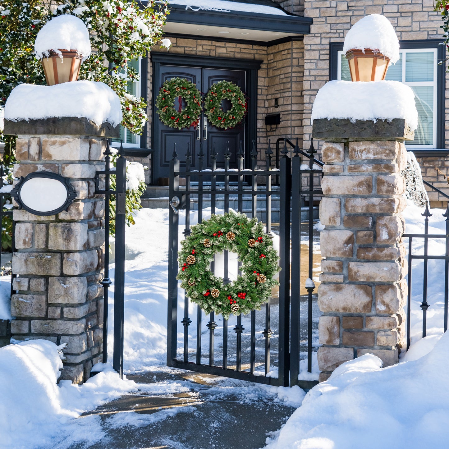 24" Pre-Lit Christmas Wreaths, Outdoor Lighted Christmas Wreath for Front Door, Christmas Red Berries, Pine Cones Wreath, Xmas Wreath Decor for Window Fireplace Indoor, Green